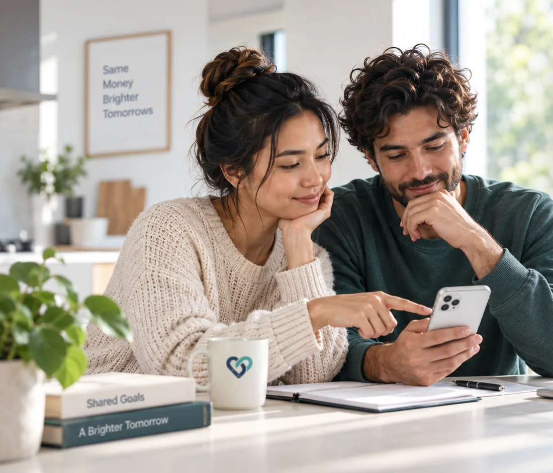 A couple at a table, one pointing at something on the other's phone.