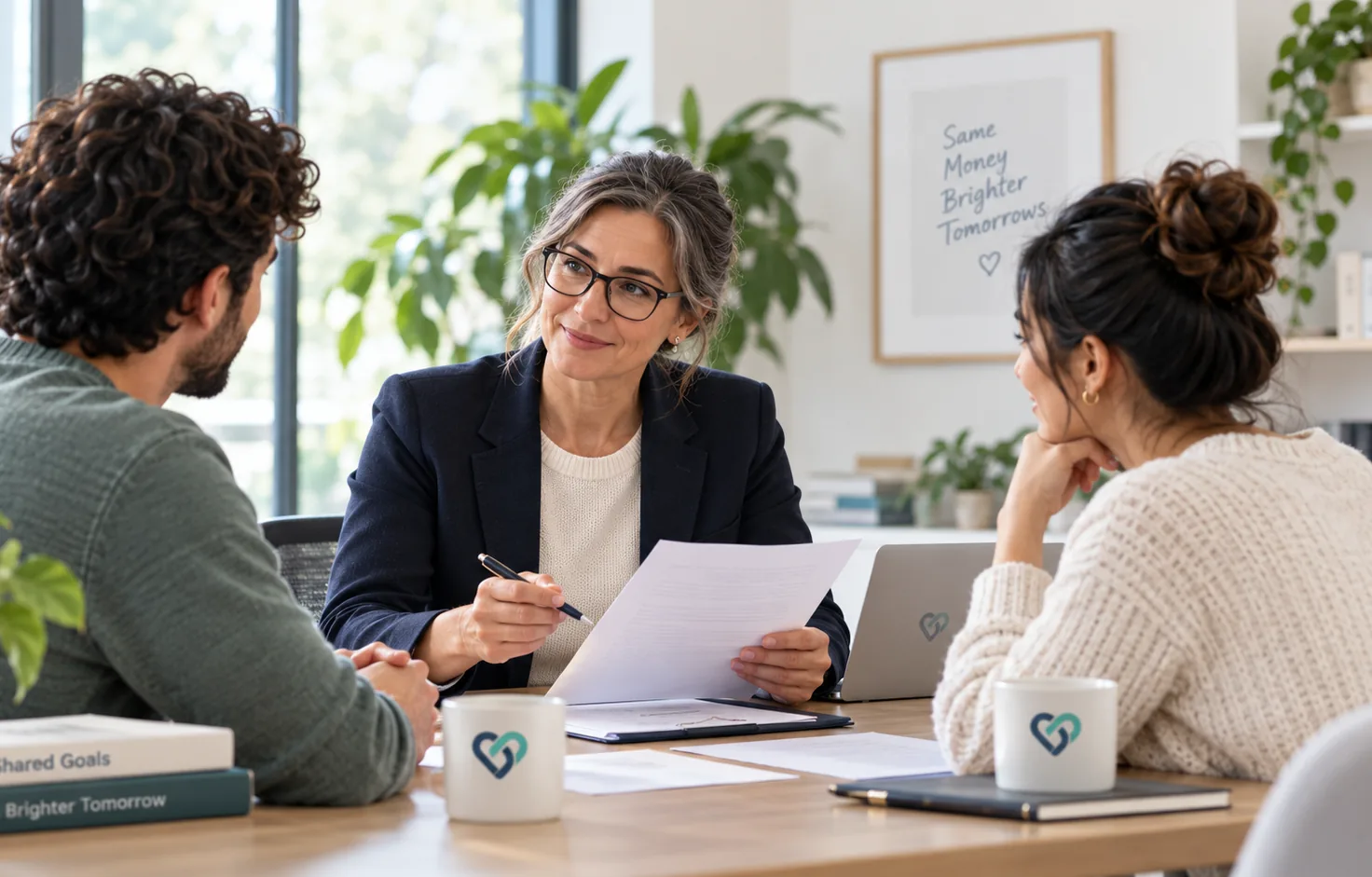 A reviewer at a table, walking a couple through a document.